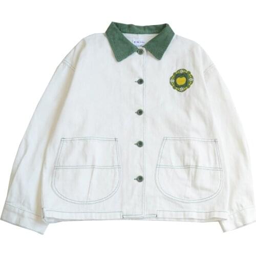 Japanese Mori College Style Contrast Green Lapel Long Sleeve Student Thin Short Coat Girl Spring and Autumn Jacket Top