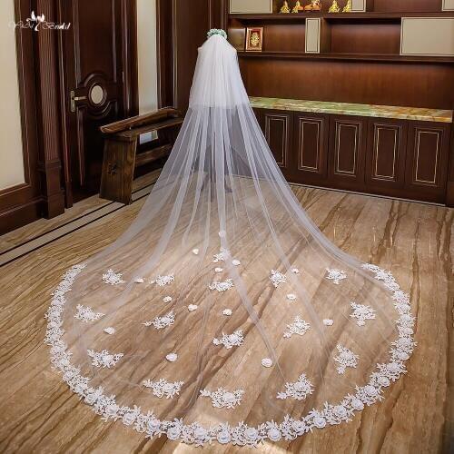 LZP313 Real Bridal Accessories Blusher 3 Meter Wedding Veil Two Layer Cathedral Wedding Veil Flowers Applique Edge Bridal Veil