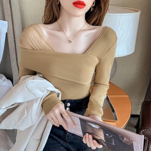 2021 New Girls Sheath Chic Patched Mesh Skew Collar Full Sleeve T shirts Tops Ladies Solid Irregular Tees Shirts For Women