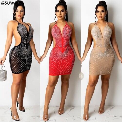 GSUWOO Sexy Diamond Suspender Nightclub Dresses Women Halter Neck Sleeveless Open Back Mini Dress Party Sequin Bodycon Dress 3XL