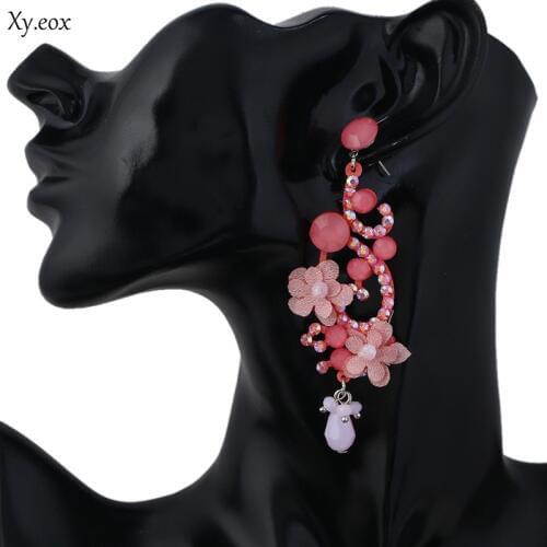 Pink Crystal Rhinestone Flower Earrings OL temperament Water Drop Earrings