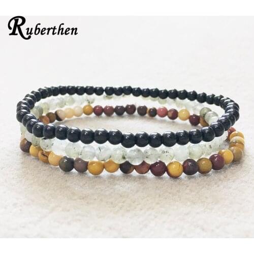Ruberthen 4 mm A Grade Labradorite Stacking Bracelet Natural Black Tourmaline Bracelet Set Mini Gem Stone Energy Bracelet