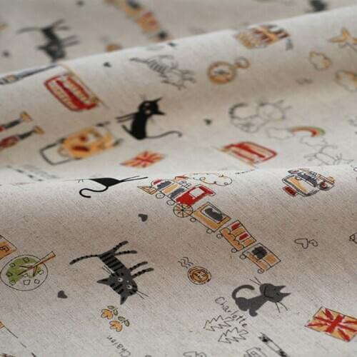 96x140cm zakka linen black cat printed fabric for patchwork / vintage cartoon textile fabric for DIY sewing Home Decoration