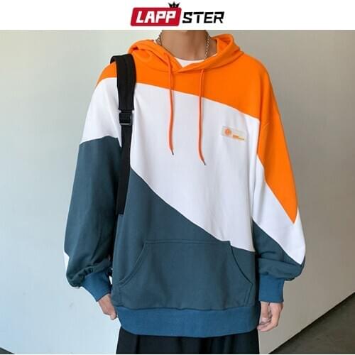 LAPPSTER Casual Men Color Block Hooded Hoodies 2021 Pullover Mens Streetwear Patchwork Hoodie Korean Male Harajuku Sweatshirts