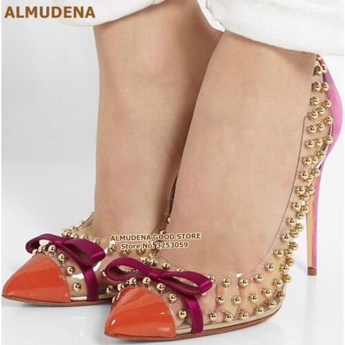 ALMUDENA Clear PVC Gold Studded Pumps 12CM Stiletto Heels Bowtie Wedding Shoes Orange Patent Leather Pointed Toe Banquet Shoes