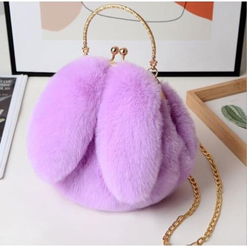 Purple Faux Fur Bag Women Winter Chains Rabbit Shaped Girls Princess Trendy Furry Plush Crossbody Bags Casual Soft Ins Girl Bag