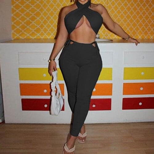 2021 2 Piece Set Elegant Women Bandage Criss-Cross Halter Crop Top And Legging Matching Sets Fashion Streetwear Tracksuit