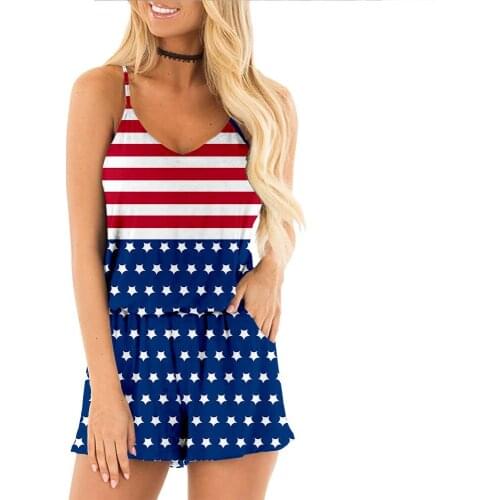 Sexy High Street Style Jumpsuit Summer Suspender Shorts American Flag Printed Loose Sleeveless Woman Short Playsuit 2021 Rompers