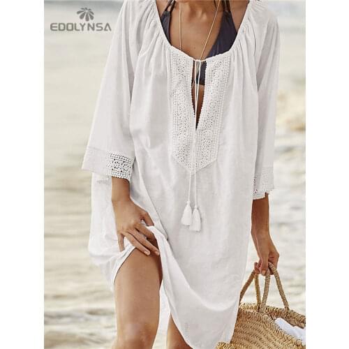 Women Swimsuit Cover Ups Sexy Kaftan Beach Tunic Dress 2021 Summer Robe De Plage Solid Cotton Pareo Beach Cover Up #Q363