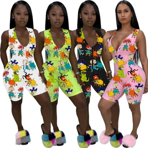 Womens Summer Fashion Casual Printed V Neck Zipper Up Sleeveless Playsuit Romper