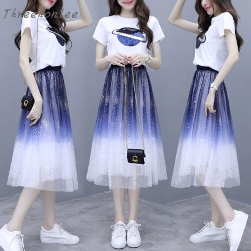 2021 Summer Two Piece Sets Woman Casual Solid White O-neck Print T-shirt And Gauze A-line Gradual Change Color Female Sweet Suit