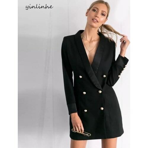 Yinlinhe Elegant double breasted long women coat black 2018 Autumn winter coat formal office ladies jackets slim suit coats 571
