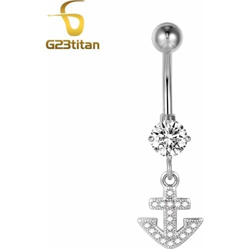 G23titan Silver Color Rhinestone Anchor Sexy Women Belly Button Ring Body Jewelry Medical Titanium Beach Belly Piercing Nombril