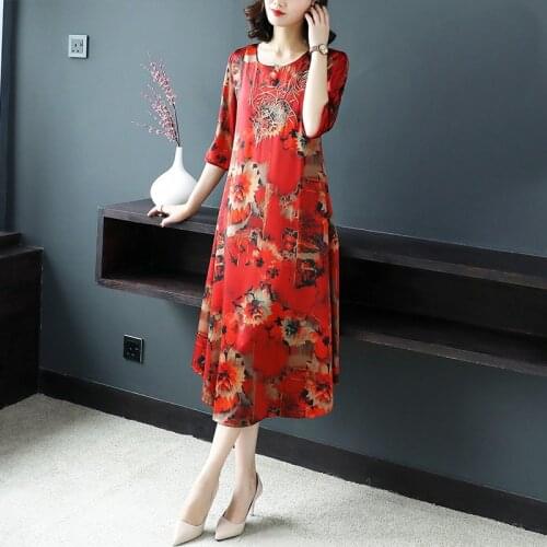 2021 Red Floral Mulberry Silk Loose Midi Dresses Summer Print 4XL Plus Size Half Sleeve Sundress Women Elegant Bodycon Vestidos