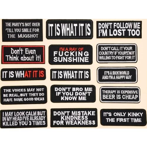 1 piece of black square letter strip proverbs embroidery patch for mens denim jacket DIY decoration elbow patch badge