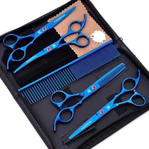 6.0 inch 9CR 62HRC Professional pet scissors for cat dog grooming High Quality Blue Straight Thinning & Curved Scissors 5pc/set