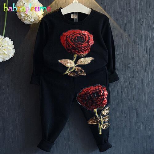 Babzapleume Spring Autumn korean children clothing sets sport suits Rose long sleeves t-shirt+pants boutique kids clothes BC1077