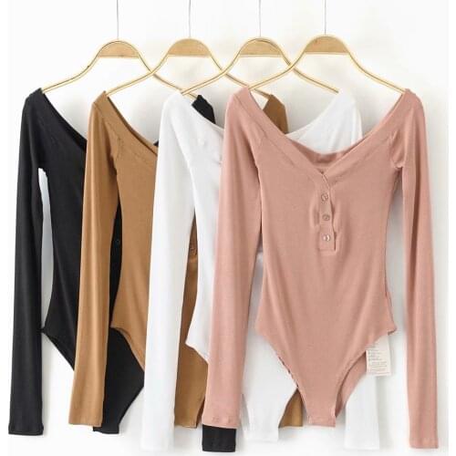 Bodysuit Women Long Sleeve Slash Neck Button Black White Pink Khaki Body Femme Top Mujer
