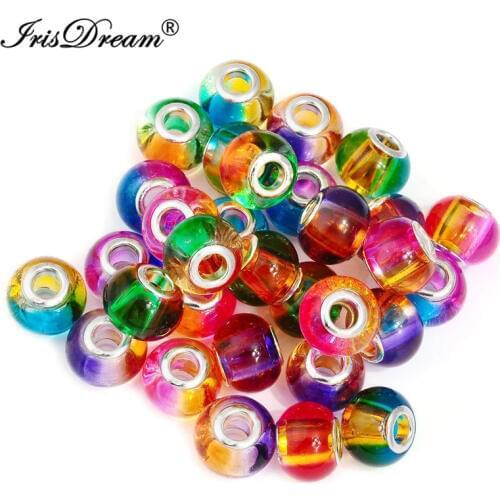 50PCS Lot Fluoresce Big Hole Round Loose Murano Spacer Crystal Glass Beads Fit Pandora Charms Bracelet For DIY Jewelry Necklace