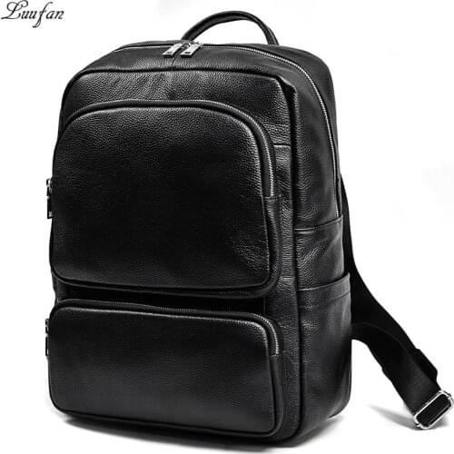 Black Genuine Leather Backpack Men Women Waterproof 15 inch Laptop Daypack For Male Schoolbag For Student Hiking Travel Rucksack