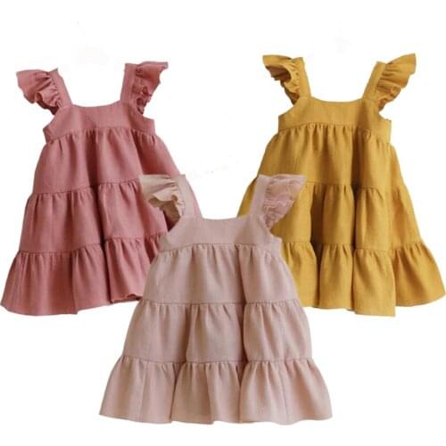 Childrens Sling Dresses Bohemia Style Cake Dress Girls Summer Cotton And Linen Lace-Up Dress Fashion New Solid Color Casual