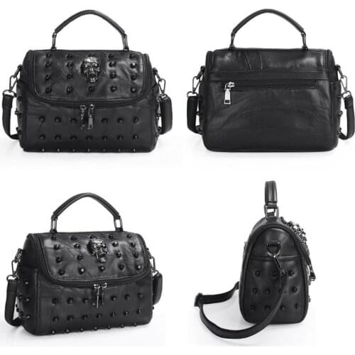 Women Split Sheep Leather Messenger Rivet Skull Tote Handbag Travel Crossbody Satchel Purse Top Handle Bags