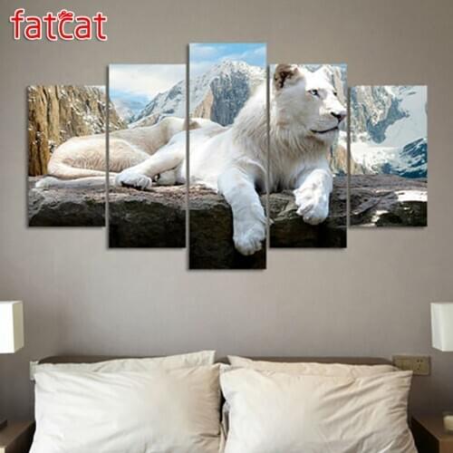 FATCAT 5 Panel White Lion Animal Diy Diamond Painting Full Square Round Drill 3D Diamond Embroidery Sale Art Home Decor AE939