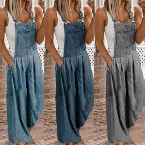 Fashion Women Ladies Solid Color Denim Jumpsuit Loose Trousers Thin Sleeveless Square Neck Bib Overalls Streetwear Loose Jumpsui
