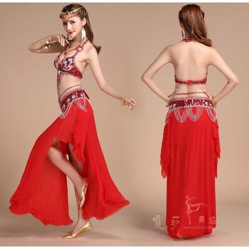 Size S-L Belly Dancing Clothing Oriental 3PCS Suit Bra, Hip Scarf Tassel Long Skirt Chiffon Belly Dance Costume Set Performance