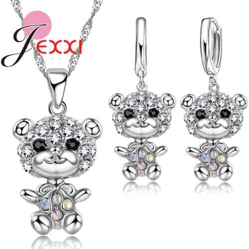 New CZ Pretty Bear Animal Jewelry Set Fashion 925 Sterling Silver Austrian Crystal Pendants Necklaces + Earrings