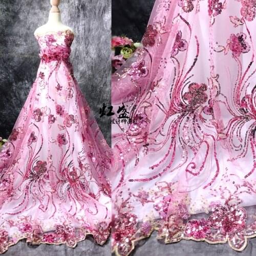 1 Yard Luxury 3D Flower Sequins Appliques Overlay fabric tulle lace In Royal Blue Bridal dress fabric For Party Evening Dress