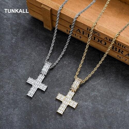 TUNKALL Cross Pendant Bling bling Brass Micro pave with CZ stones Necklace Hip Hop jewelry for men and women CN334