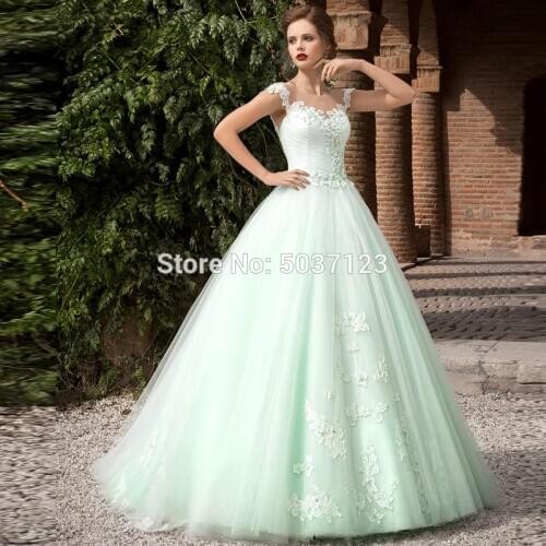 Mint Green Ball Gown Wedding Dresses Cap Sleeves Sleeveless Lace Appliques Illusion Vestido De Noiva Bridal Gown Sweep Train