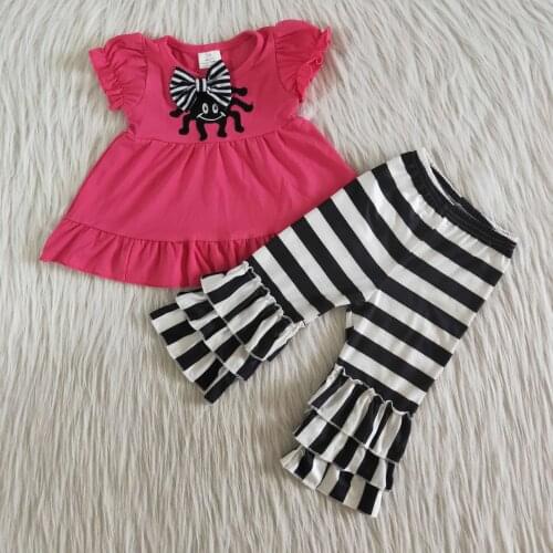 Clothing-set Girls Boutique childrens Short Sleeve Tops embroidery spider Ruffles pants Halloween day outfits kids clothing