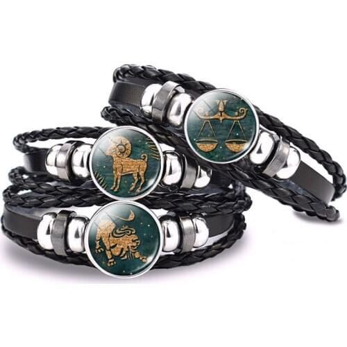 Vintage 12 Constellations Bracelet 12 Zodiac Signs Aries Leo Libra Scorpio Gemini Glass Cabochon Braided Leather Bracelet