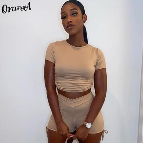OrangeA Tracksuit Women Backless Bandage Short Sleeve Crop Top Ruched Biker Shorts Set Two Piece Outfit Sporty Casual Streetwear