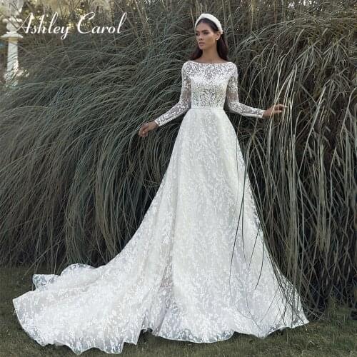 Ashley Carol Long Sleeve Wedding Dress 2021 Illusion Beaded Lace Bride Scoop Princess A-Line Bridal Dresses Vestido De Noiva