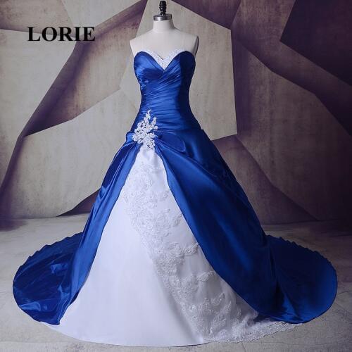 LORIE Gothic Royal Blue Cathedral Train Wedding Dresses With White Lace Ball Gown Custom Made High Quality Bride Gown Real Photo