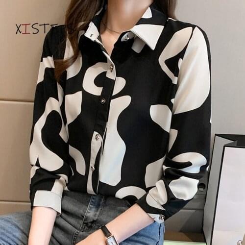 Elegant Chiffon Shirts For Women Printed Female Office Lady Blouses Long Sleeve Single Breasted Casual Shirts 2021 Work Wear Top