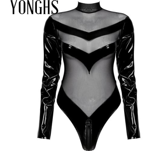 Womens Lingerie Sexy See-through Bodysuit Fishnet Mesh Patchwork Patent Leather Zipper Back Mock Neck Pole Dance Bar Clubwear