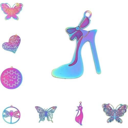 10 PCs Purple Blue Stainless Steel Filigree Stamping Pendants For Jewelry Making Feather Hollow Heart Butterfly 47mm x 17mm