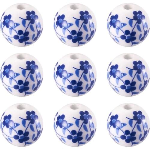 10pcs 27~28mm Handmade Blue and White Porcelain Ceramic Jewelry Making DIY Loose Beads, Round with Flower, MediumBlue, Hole: 3mm