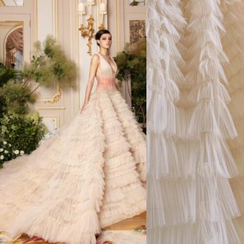 5 yards nude beige ruffled fabric for cake dress, ruffled tulle lace fabric