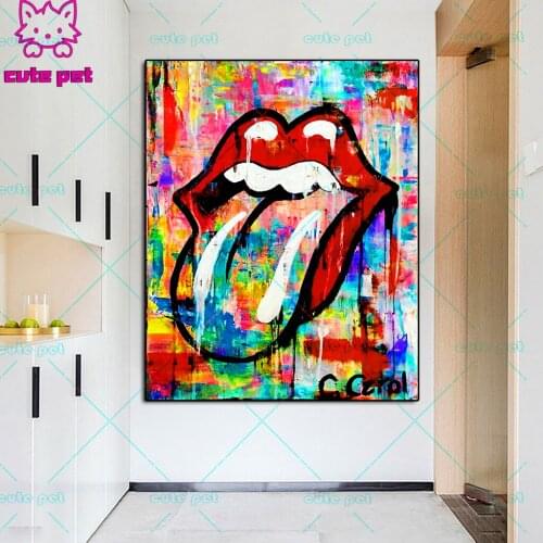 5D Diamond Mosaic Red lips sticking out tongue doodle Full round Diamond Embroidery Diy Diamond Painting Cross Stitch Sets decor