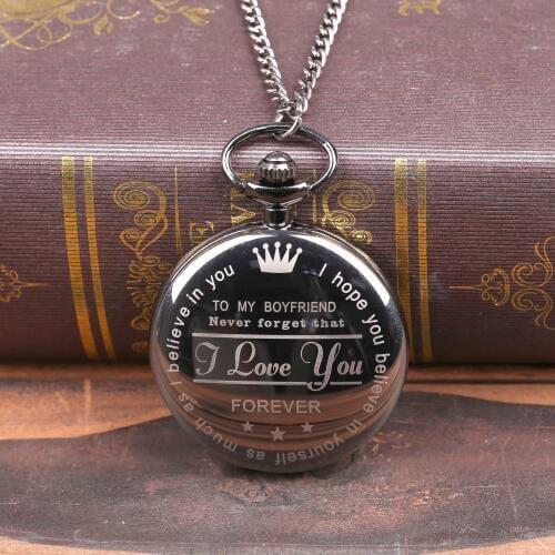 0 "To My Boyfriend"Retro Bronze Vintage Pocket Watch Necklace Chain Pendant Black Antique Steampunk Men Quartz Watches