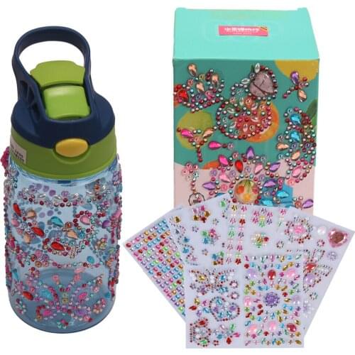 Kids Outdoor Water Bottle With Straw Sports Bottles Fun DIY Art Children Rhinestone Stickers Decorate Own Water Bottle Cute Gift