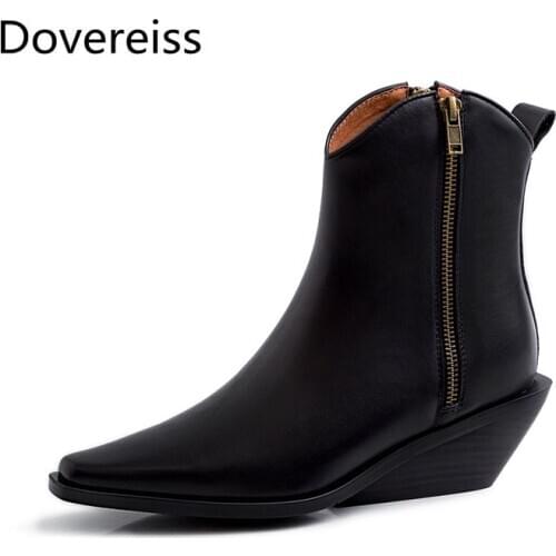 Dovereiss Fashion Womens Shoes Winter Concise New Brown Sexy Pointed toe Cowhide Zipper Clear Ankle boots Heels Boots 33-40
