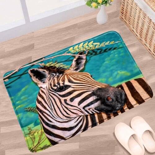Zebra Bathroom Mat Forest Green Plants Black White Stripes Animal Cartoon Non-slip Rugs Flannel Home Bath Kitchen Doorway Carpet