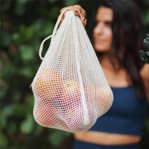 1PC Cotton Mesh Vegetable Bags Produce Bag Reusable Cotton Mesh Vegetable Storage Bag Kitchen Fruit Vegetable with Drawstring