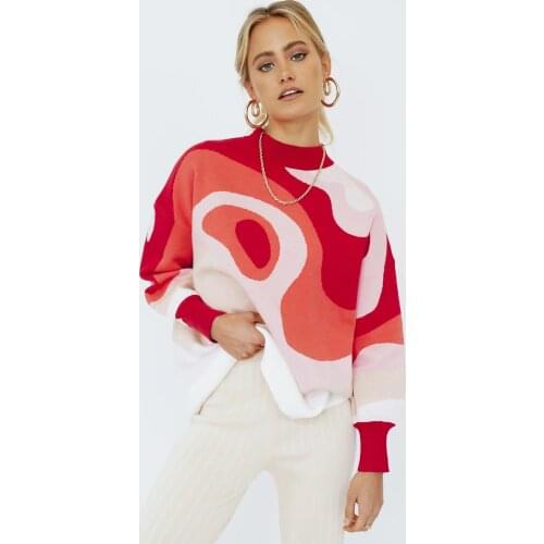 Fashion contrast color loose round neck pullover sweater women casual blue and white soft long-sleeved knitted oversized sweater